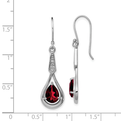 Sterling Silver Rhodium-Plated Cz And Garnet Shepherd Hook Earrings