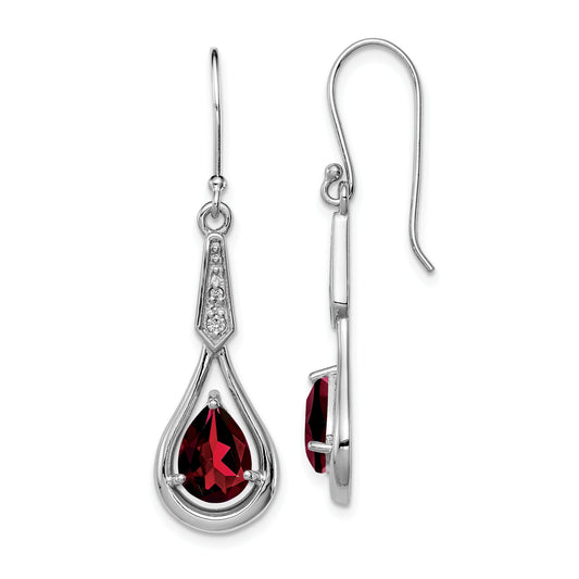 Sterling Silver Rhodium-Plated Cz And Garnet Shepherd Hook Earrings