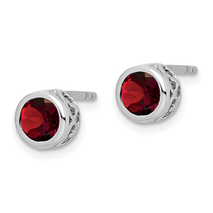Sterling Silver Rhodium-Plated Polished Garnet Round Post Earrings