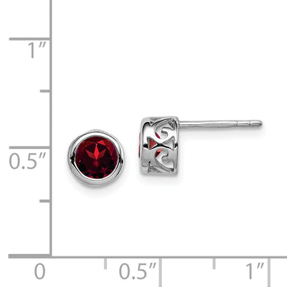 Sterling Silver Rhodium-Plated Polished Garnet Round Post Earrings