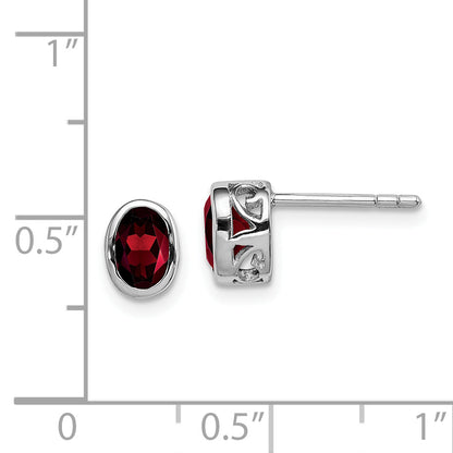 Sterling Silver Rhodium-Plated Polished Garnet Oval Post Earrings