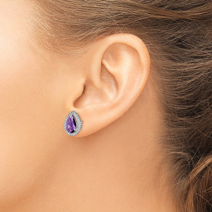 Sterling Silver Rhodium Polished Amethyst & Cz Post Earrings