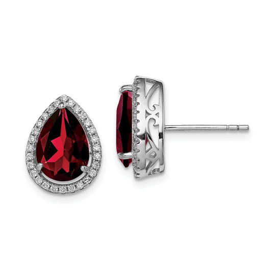 Sterling Silver Rhodium Polished Garnet & Cz Post Earrings