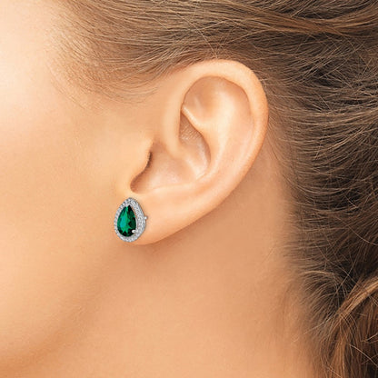 Sterling Silver Rhodium Simulated Emerald & Cz Post Earrings