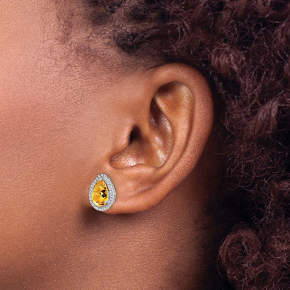 Sterling Silver Rhodium Polished Citrine & Cz Post Earrings