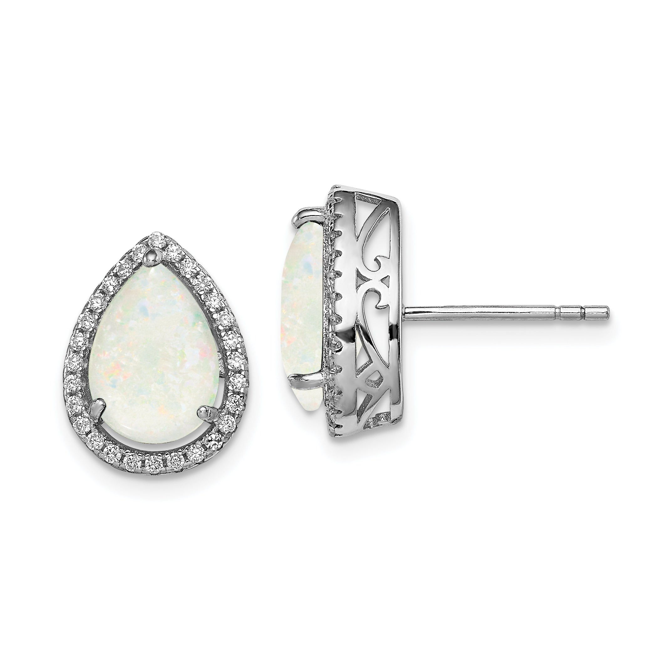 Sterling Silver Rhodium Polished Simulated Opal & Cz Post Earrings