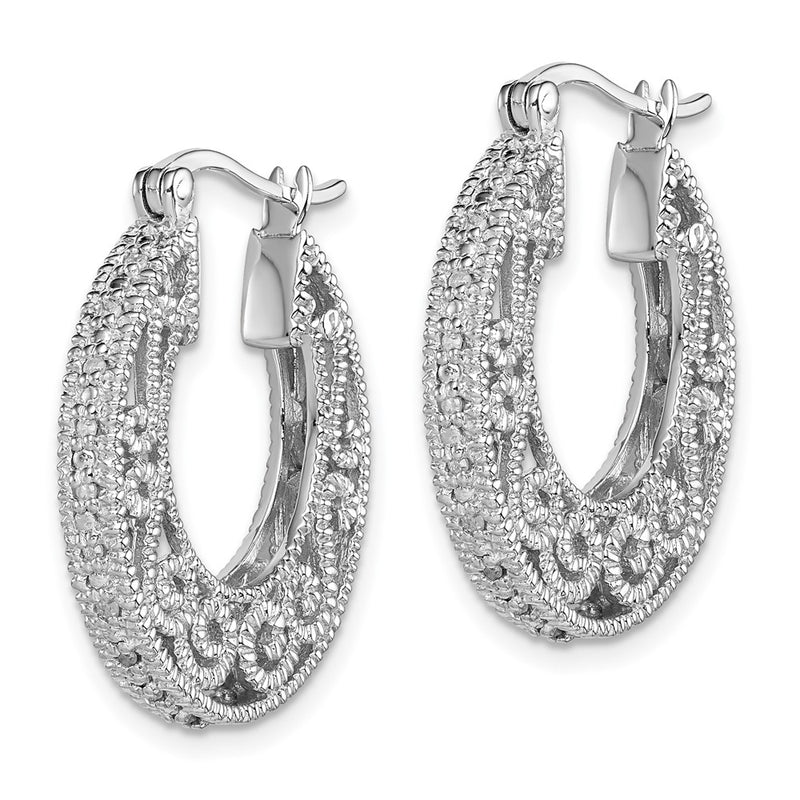 Sterling Silver Rhodium With Diam. Hinged Hoop Earrings