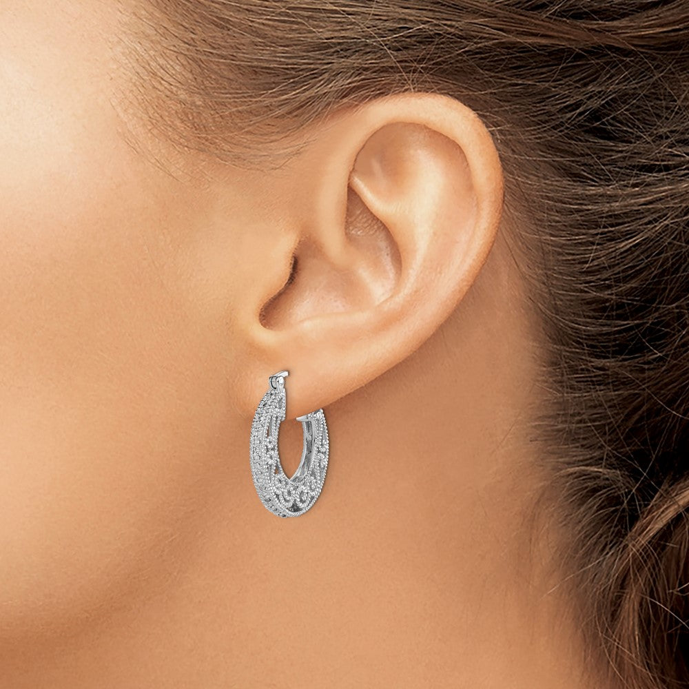 Sterling Silver Rhodium With Diam. Hinged Hoop Earrings