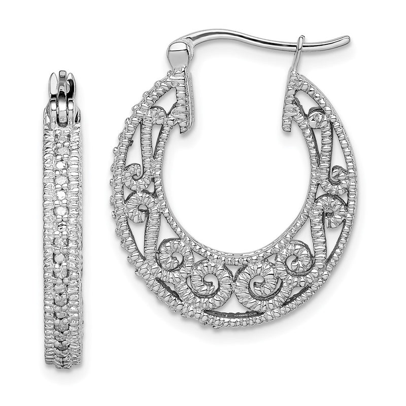 Sterling Silver Rhodium With Diam. Hinged Hoop Earrings