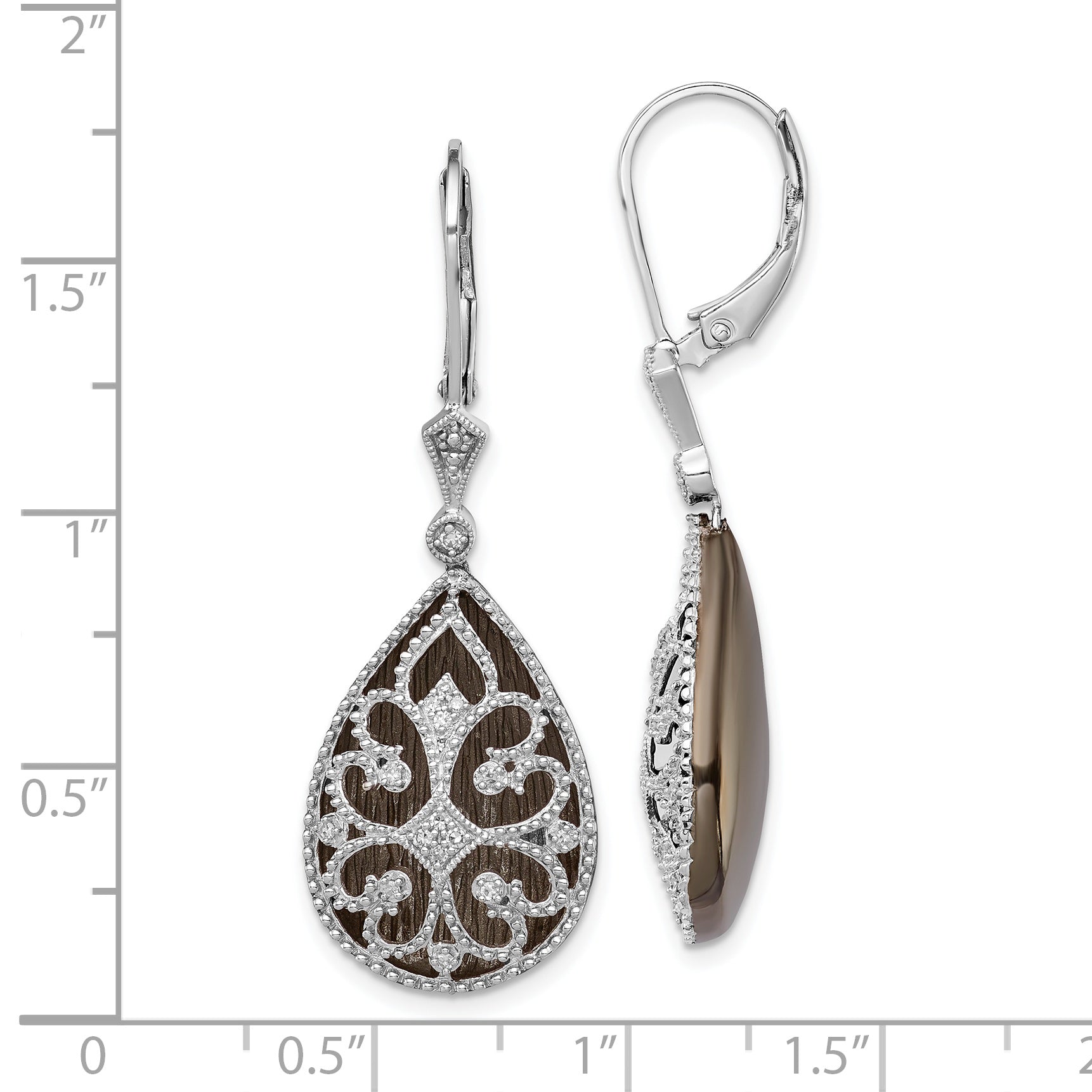 Sterling Silver Rhodium Diamond Filigree Teardrop Leverback Earrings