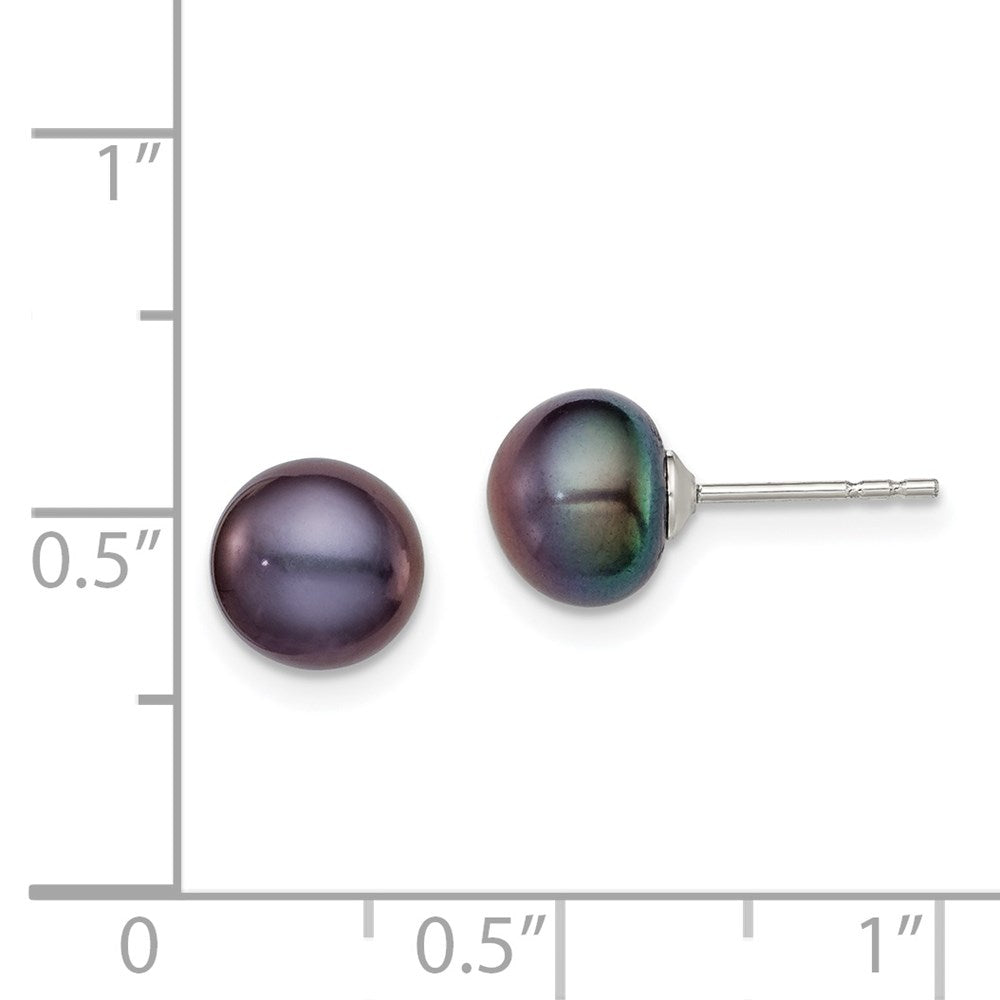 Sterling Silver Rh-Plated 7-8mm Black Fw Cultured Button Pearl Stud Earring