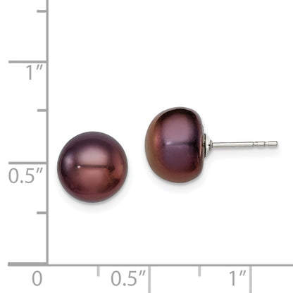 Sterling Silver Rh-Plated 9-10mm Black Fwc Button Pearl Earrings
