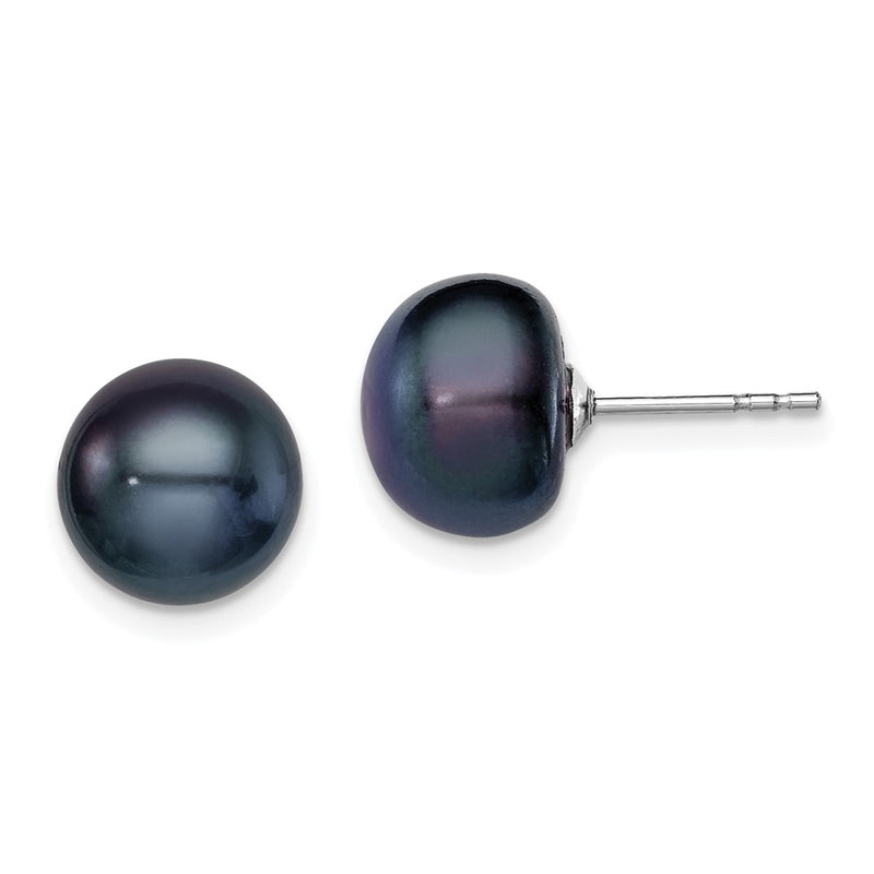Sterling Silver Rh-Plated 9-10mm Black Fwc Button Pearl Earrings