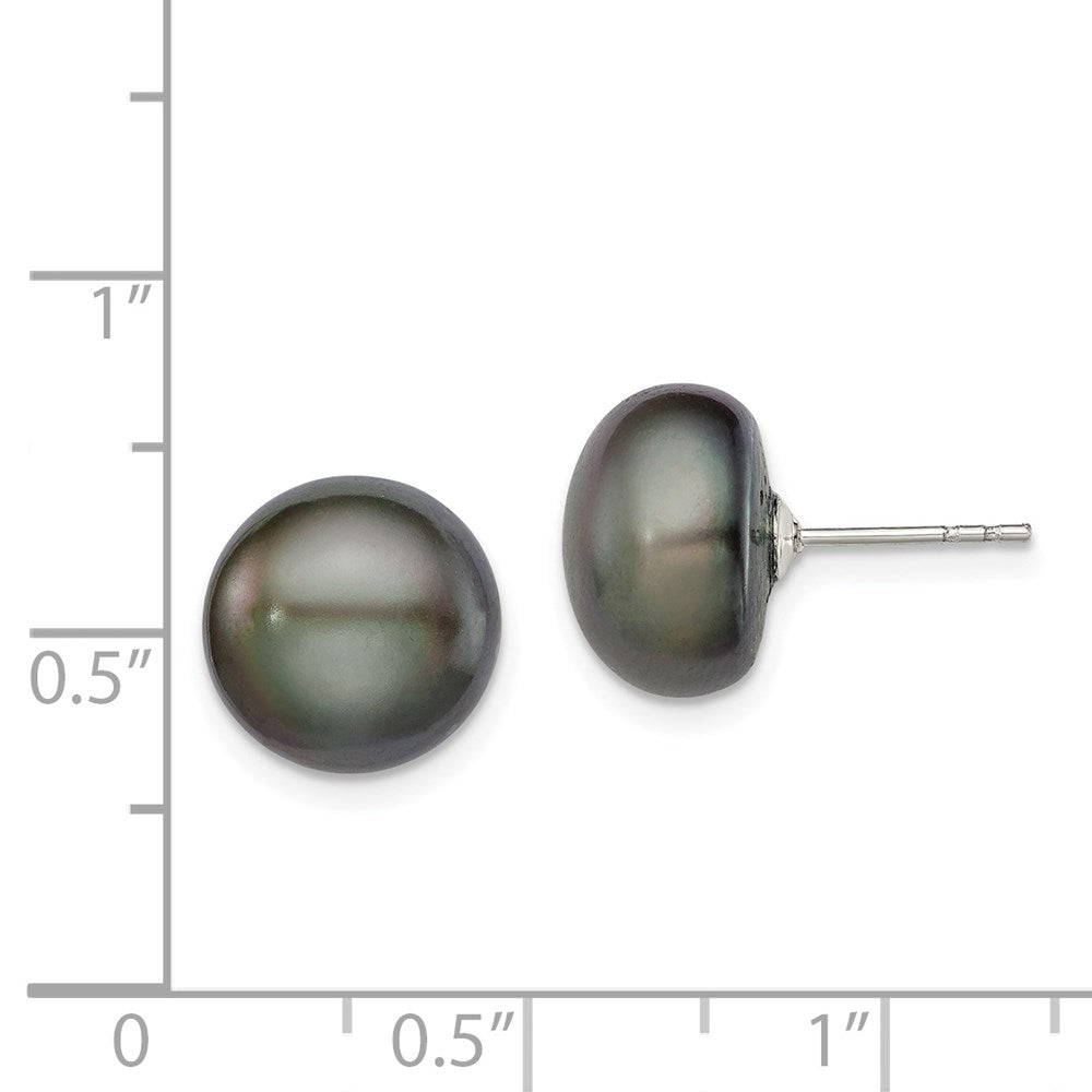 Sterling Silver Rh-Plated 11-12mm Black Fwc Button Pearl Earrings