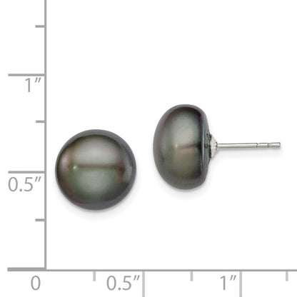 Sterling Silver Rh-Plated 11-12mm Black Fwc Button Pearl Earrings