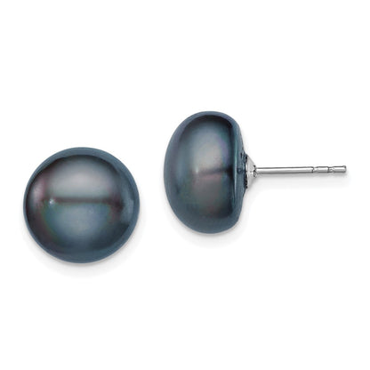 Sterling Silver Rh-Plated 11-12mm Black Fwc Button Pearl Earrings