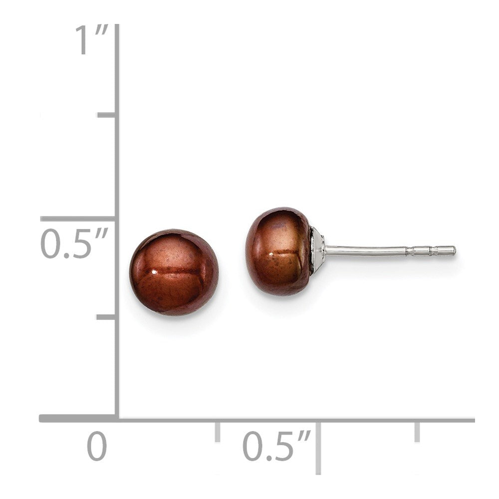 Sterling Silver Rh-Plated 5-6mm Brown Fw Cultured Button Pearl Stud Earring