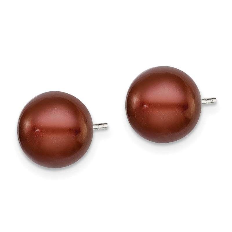 Sterling Silver Rh-Plated 9-10mm Brown Fwc Button Pearl Earrings