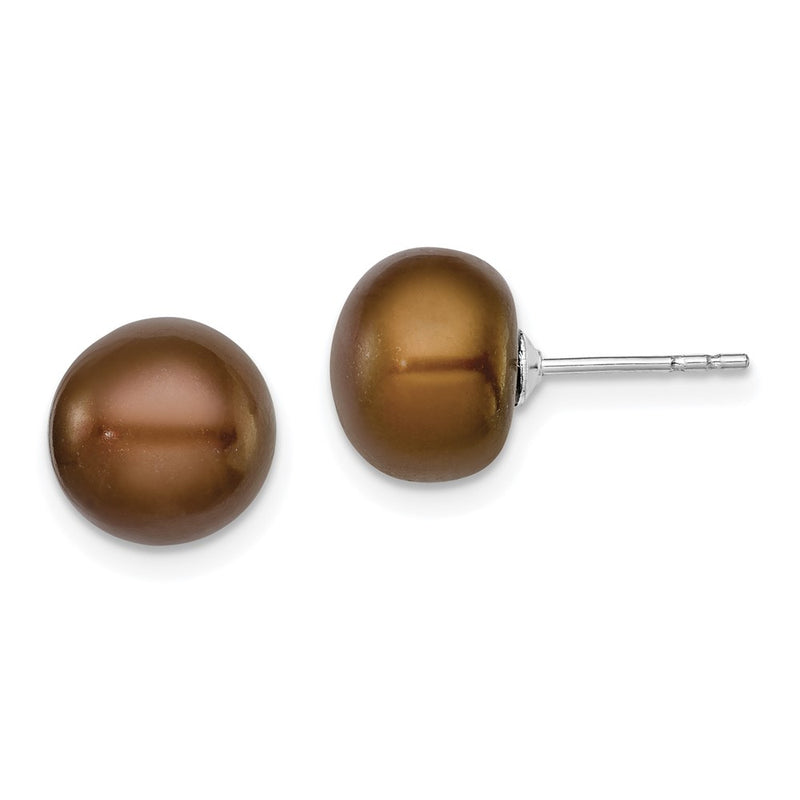 Sterling Silver Rh-Plated 9-10mm Brown Fwc Button Pearl Earrings