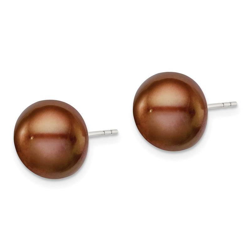 Sterling Silver Rh-Plated 11-12mm Brown Fwc Button Pearl Earrings