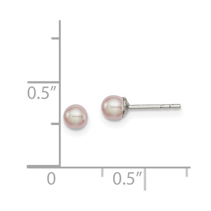 Sterling Silver Rh-Plated 3-4mm Pink Fw Cultured Button Pearl Stud Earrings