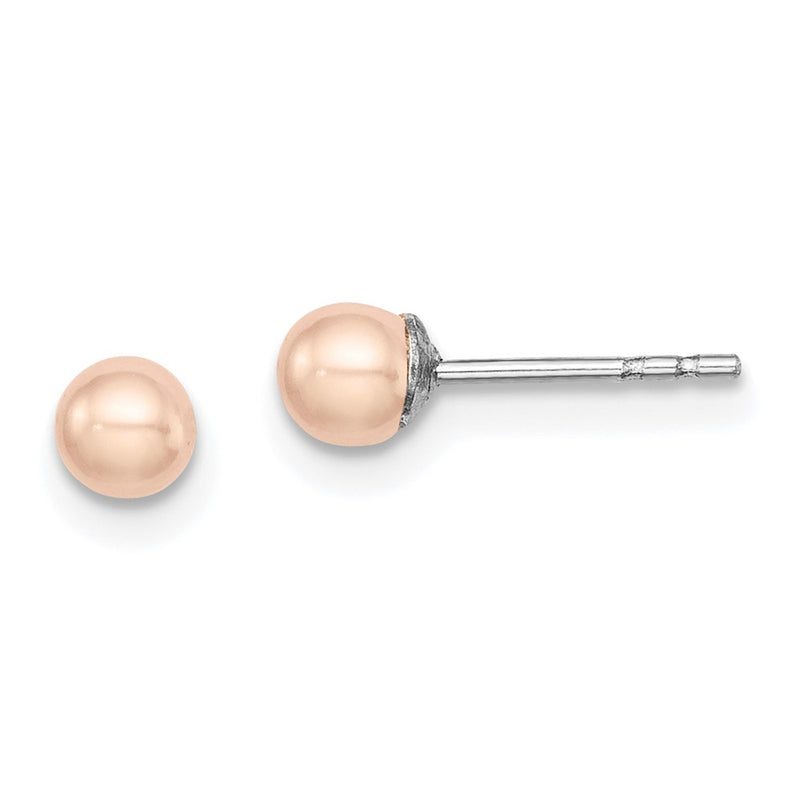 Sterling Silver Rh-Plated 3-4mm Pink Fw Cultured Button Pearl Stud Earrings