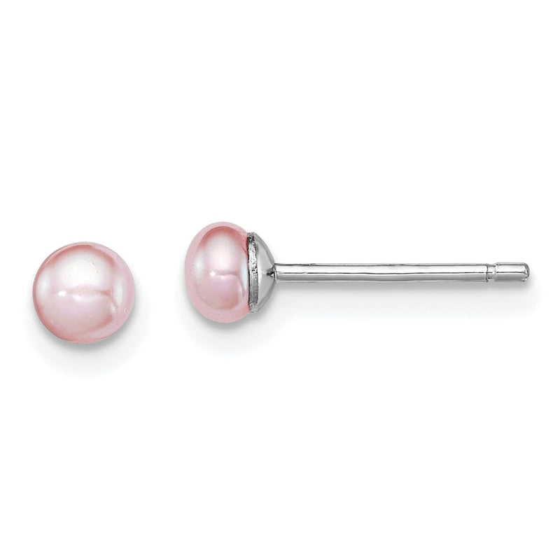 Sterling Silver Rh-Plated 3-4mm Purple Fwc Button Pearl Earrings