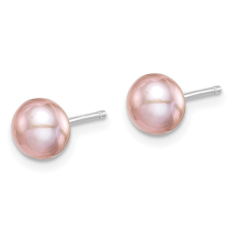 Sterling Silver Rh-Plated 6-7mm Purple Fwc Button Pearl Earrings