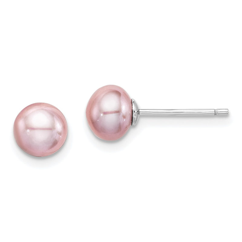 Sterling Silver Rh-Plated 6-7mm Purple Fwc Button Pearl Earrings