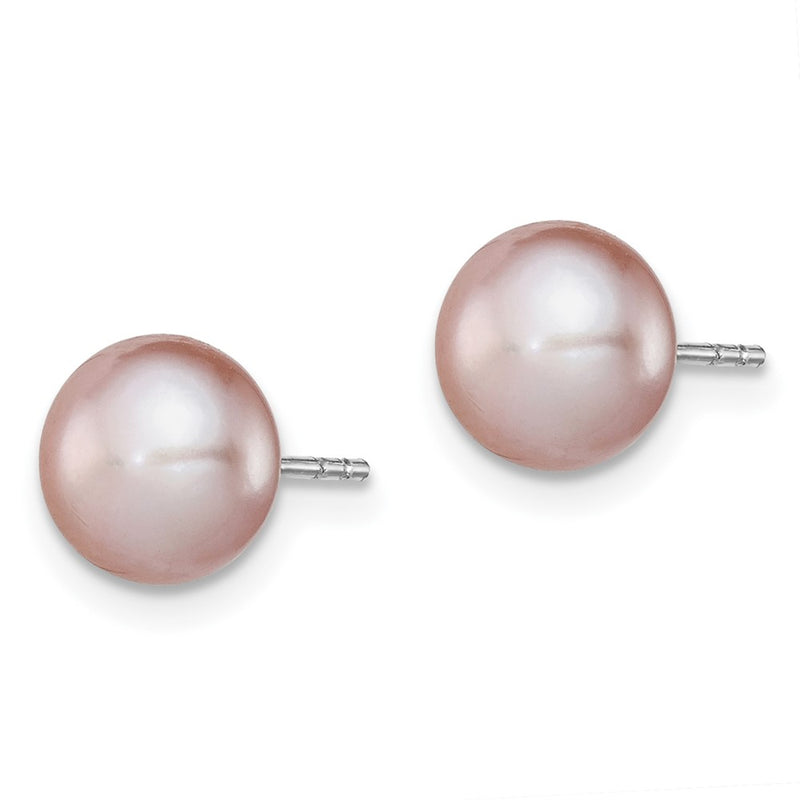 Sterling Silver Rh-Plated 7-8mm Purple Fwc Button Pearl Earrings