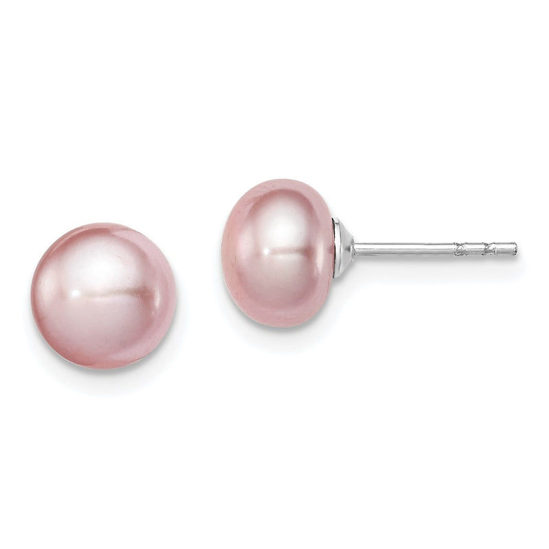 Sterling Silver Rh-Plated 7-8mm Purple Fwc Button Pearl Earrings