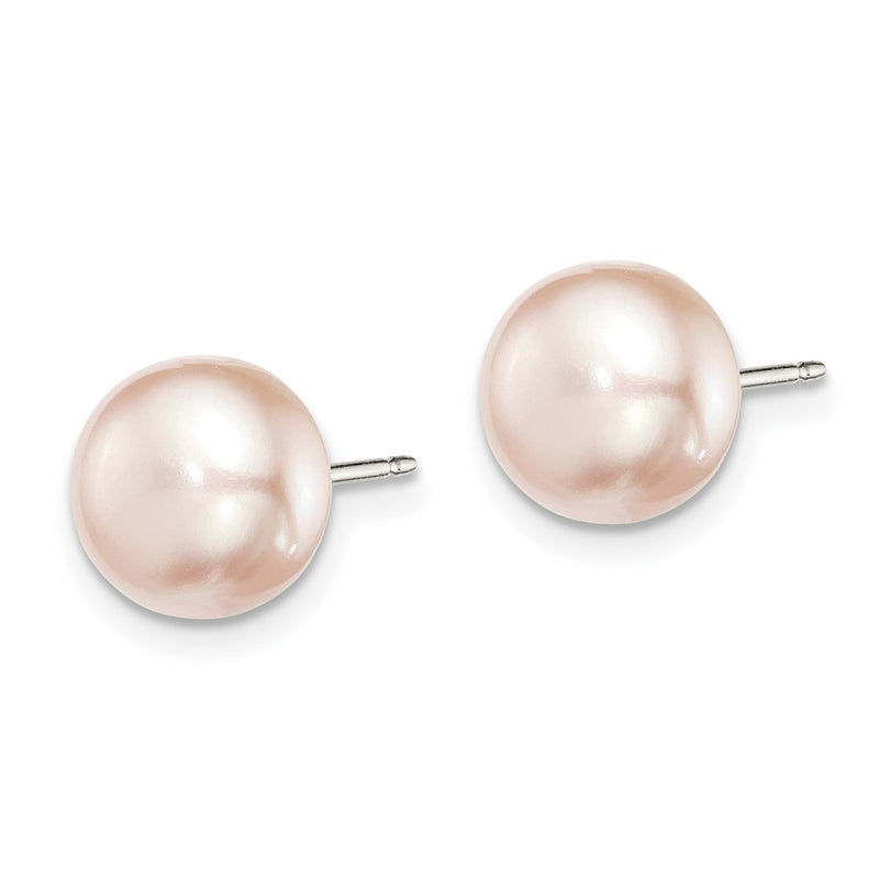 Sterling Silver Rh-Plated 8-9mm Purple Fwc Button Pearl Earrings