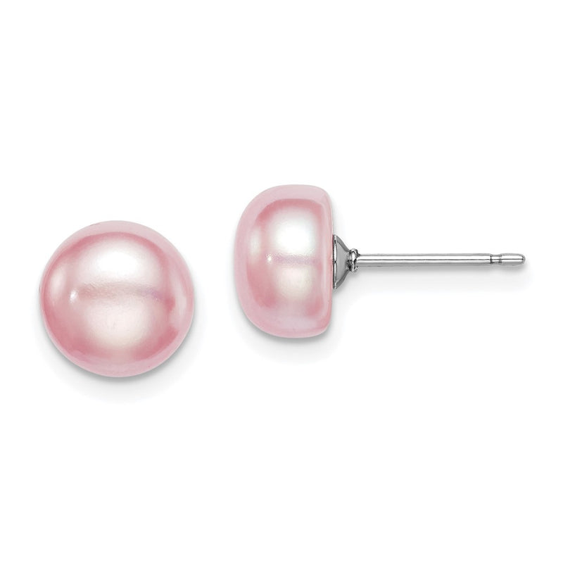 Sterling Silver Rh-Plated 8-9mm Purple Fwc Button Pearl Earrings