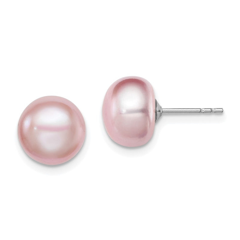 Sterling Silver Rh-Plated 9-10mm Purple Fwc Button Pearl Earrings