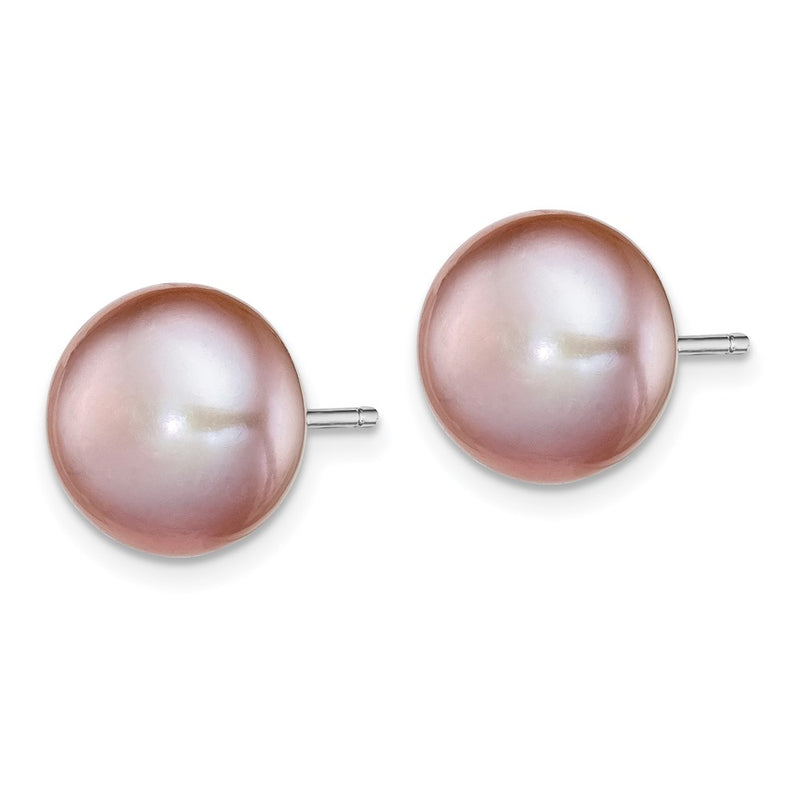 Sterling Silver Rh-Plated 10-11mm Purple Fwc Button Pearl Earrings