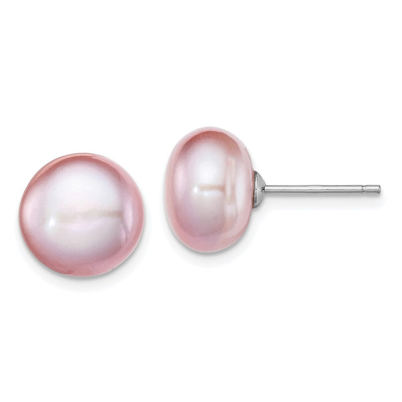 Sterling Silver Rh-Plated 10-11mm Purple Fwc Button Pearl Earrings