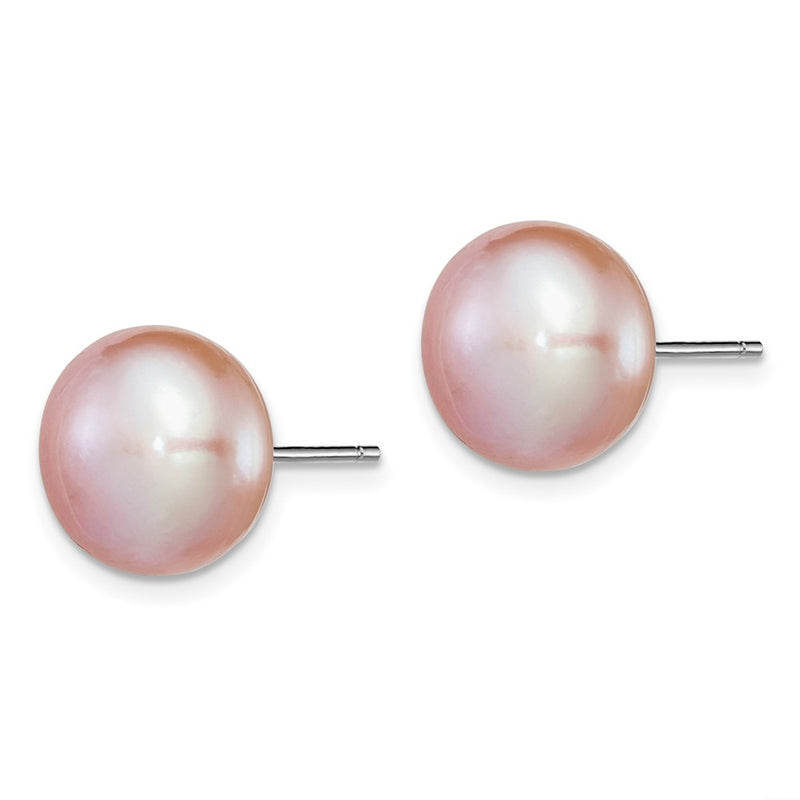Sterling Silver Rh-Plated 11-12mm Purple Fwc Button Pearl Earrings