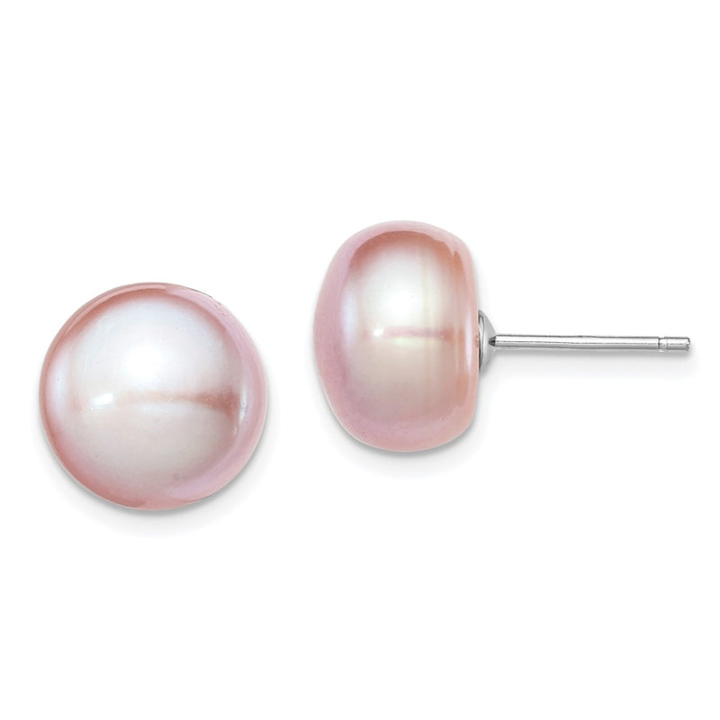 Sterling Silver Rh-Plated 11-12mm Purple Fwc Button Pearl Earrings