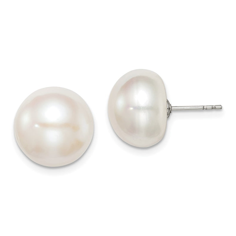 Sterling Silver Rh-Plated 12-13mm White Fwc Button Pearl Earrings
