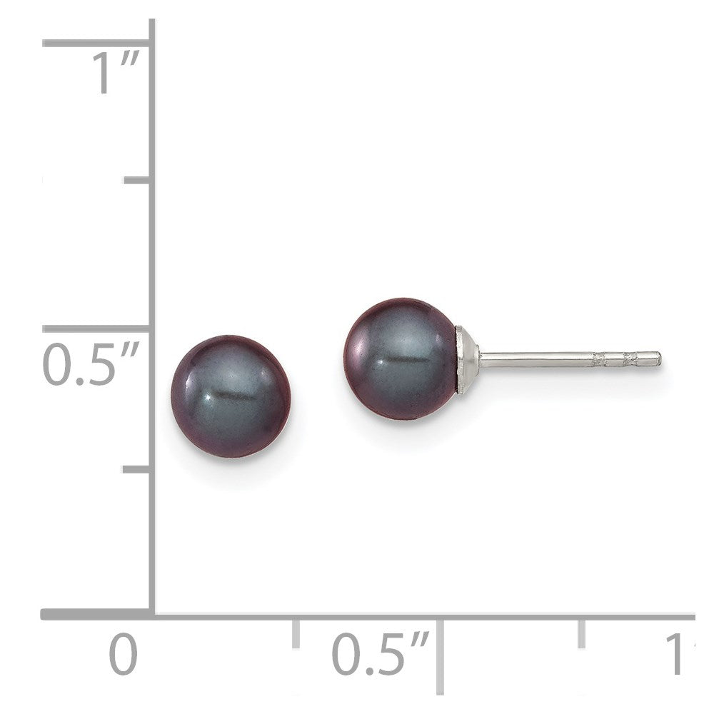 Sterling Silver Rh-Plated 5-6mm Black Fw Cultured Round Pearl Stud Earrings