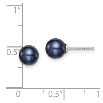 Sterling Silver Rh-Plated 6-7mm Black Fw Cultured Round Pearl Stud Earrings