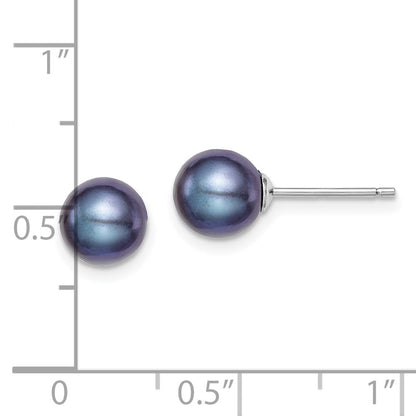 Sterling Silver Rh-Plated 7-8mm Black Fw Cultured Round Pearl Stud Earrings
