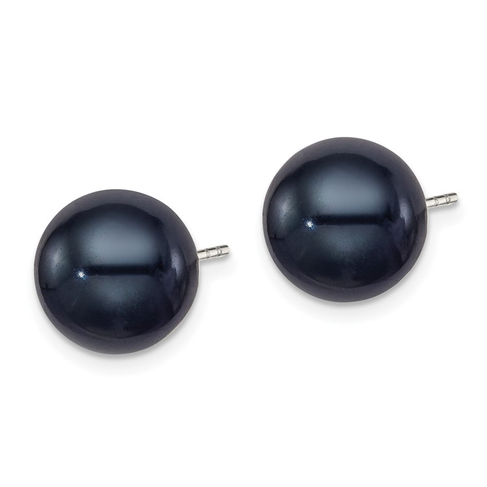 Sterling Silver Rh-Plated 10-11mm Black Fwc Round Pearl Earrings
