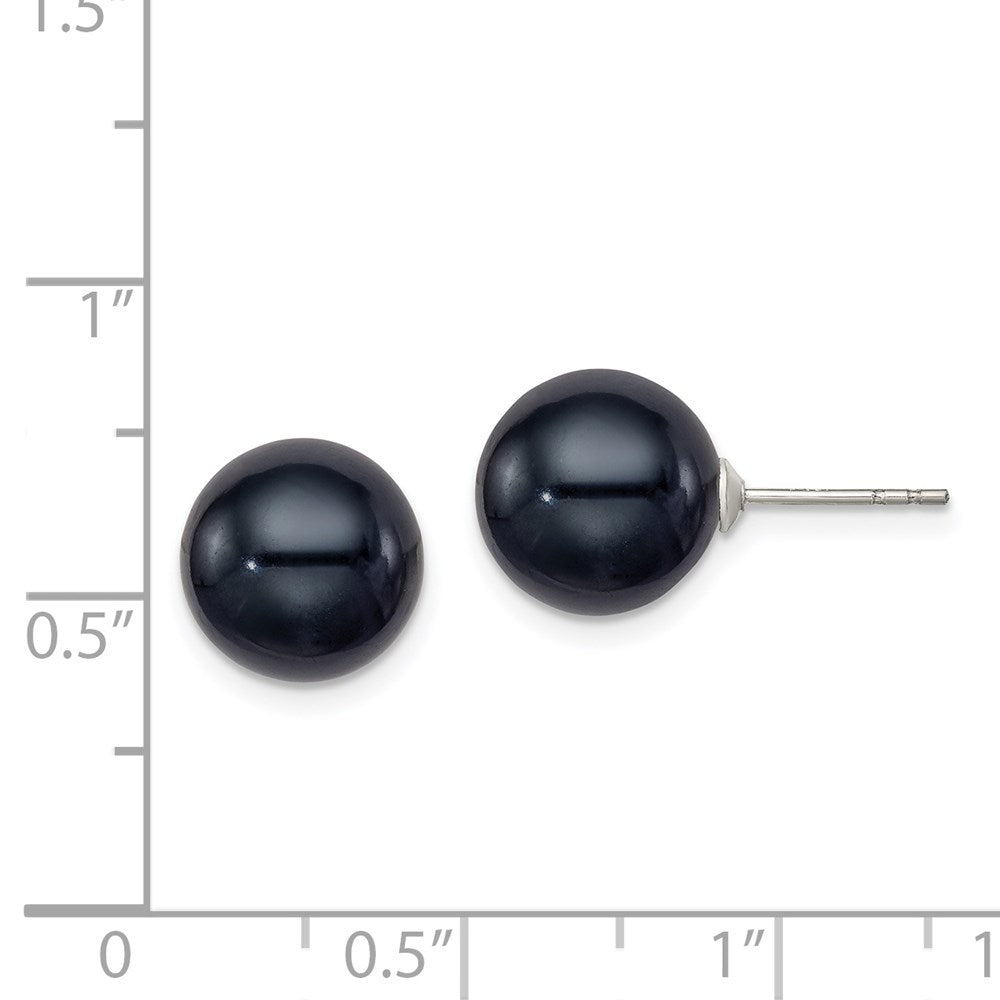 Sterling Silver Rh-Plated 10-11mm Black Fwc Round Pearl Earrings
