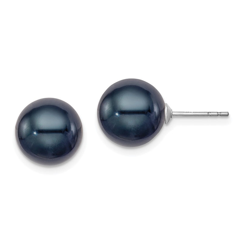 Sterling Silver Rh-Plated 10-11mm Black Fwc Round Pearl Earrings