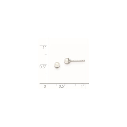 Sterling Silver Rhodium Plated 3-4mm White Round Freshwater Cultured Pearl Post Stud Earrings