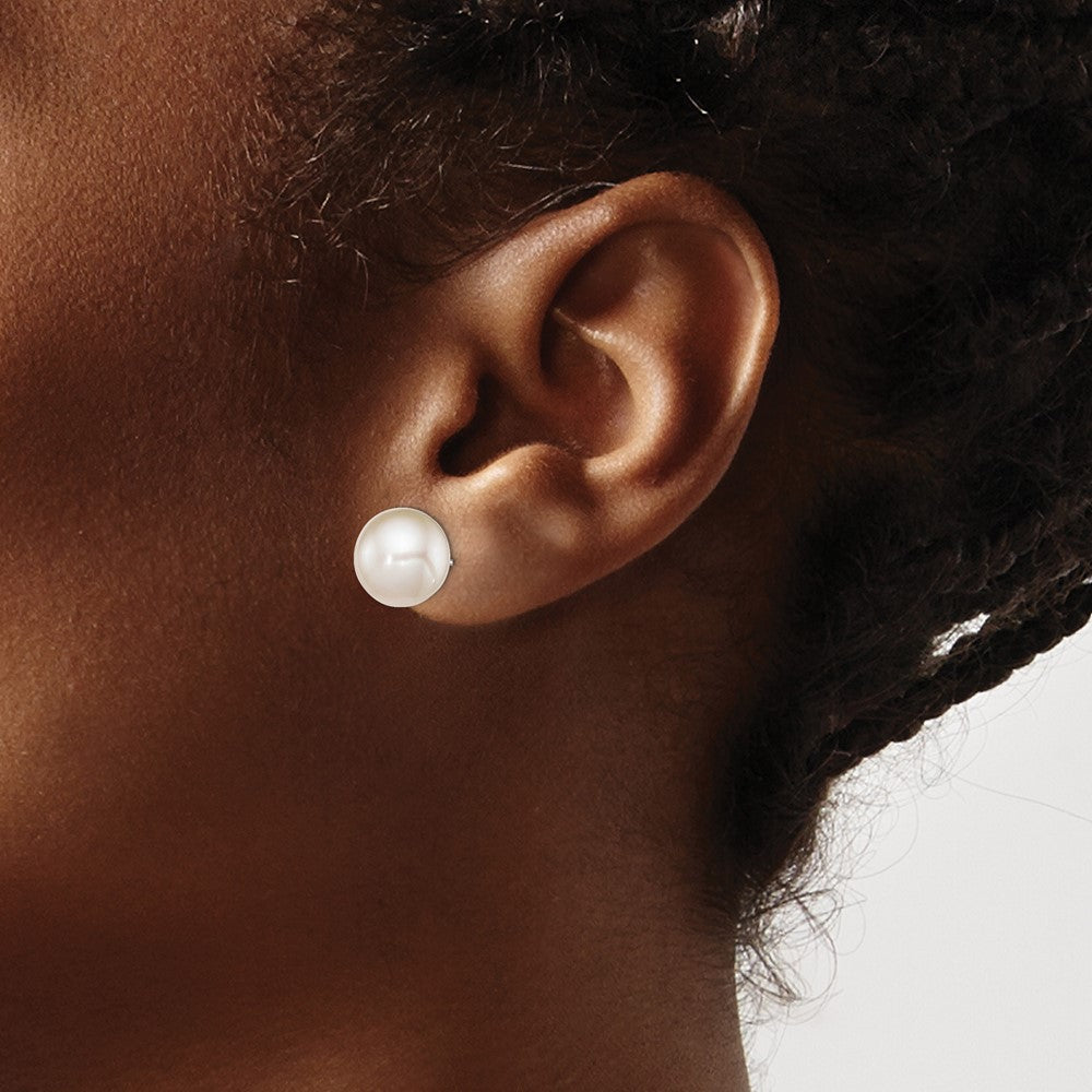 Sterling Silver Rhodium Plated 10-11mm White Round Freshwater Cultured Pearl Post Stud Earrings