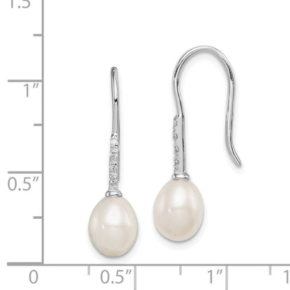 Sterling Silver Rhodium-Plated Polished White 7-8mm Freshwater Cultured Pearl And Cz Dangle Earrings