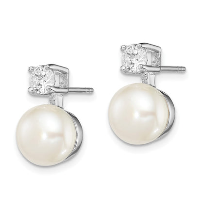 Sterling Silver Rhodium Plated 7-8mm White Freshwater Cultured Pearl And Clear Cz Post Earrings