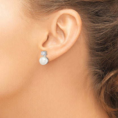 Sterling Silver Rhodium Plated 7-8mm White Freshwater Cultured Pearl And Clear Cz Post Earrings